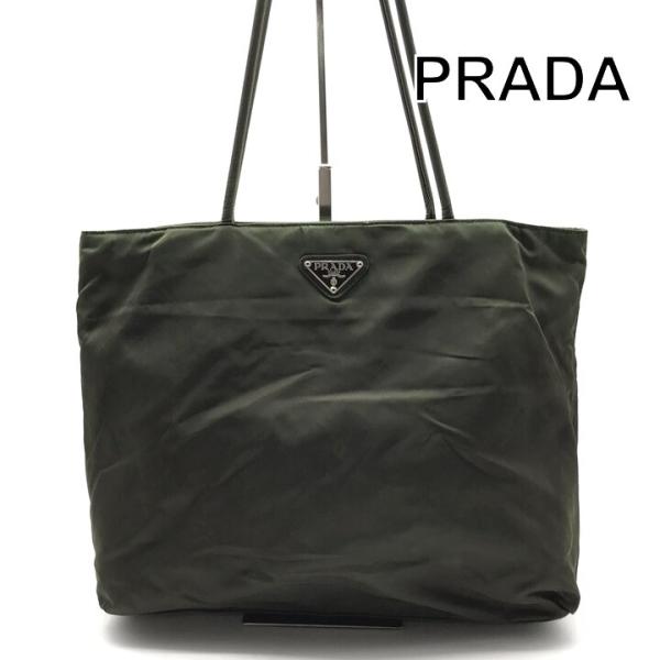 PRADA プラダ 三角ロゴ プレート ナイロン テスート カーキ トート ハンド バッグ 肩掛け ...