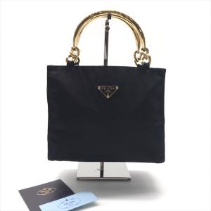 美品 PRADA プラダ 三角ロゴ プレート ナイロン テスート メタル ハンドル ハンド バッグ ブラック レディース ブランド かばん r448