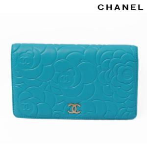 CHANEL シャネル 2折長財布 カメリア型押し ターコイズ/シャンパンゴールド A36544 新品 送料無料｜brand-pit