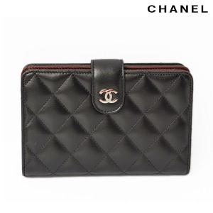 CHANEL シャネル 2折財布 A48667 ラウンドファスナー式　キルティング マトラッセ ラムスキン　ブラック/ボルドー｜brand-pit