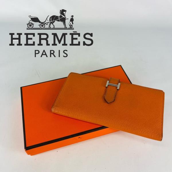 【即日発送】HERMES エルメス　ベアン　オレンジ　長財布　レザー　箱付き