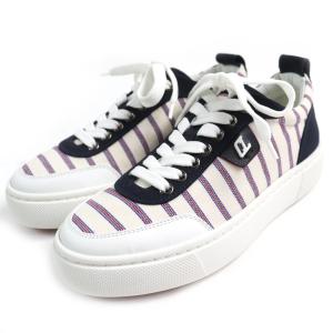未使用品△Christian Louboutin クリスチャンルブタン HAPPYRUI ボーダー キャンバス レザー使い ローカットスニーカー 36.5 イタリア製
