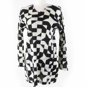 極美品◎PLEATS PLEASE プリーツプリーズ イッセイミヤケ 総柄 Vネック チュニック ブラック ホワイト ライトグリーン 3 日本製 正規品