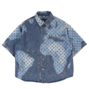 極美品△LOUIS VUITTON ルイヴィトン 24SS コットン100％ モノグラムグラデーション ショートスリーブ デニムシャツ インディゴ L 正規品
