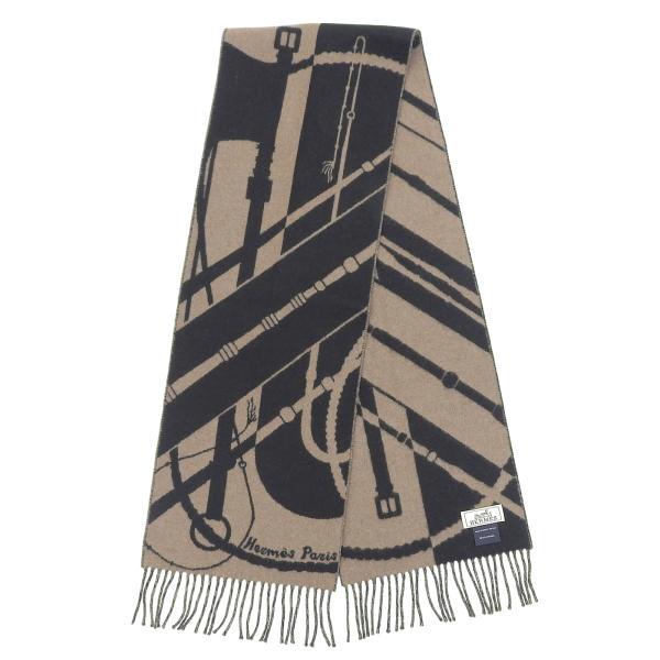 極美品▲HERMES エルメス クリッククラック カシミヤ100％ フリンジ付き マフラー ストール...