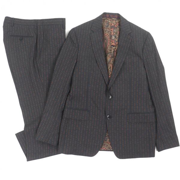 極美品▼ETRO エトロ 裏地シルク100% ロゴストライプ ロゴ入りボタン 裏地ペイズリー柄 シン...