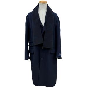 極美品▼LOUIS VUITTON ルイヴィトン 24SS モノグラムジャイアント フーデッドマフラー ウール シルク チェスターコート 紺 46 正規品