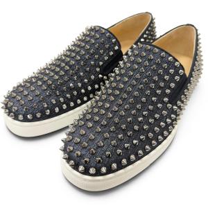 美品□Christian Louboutin クリスチャンルブタン ローラーボート スパイクスタッズ スリッポン ネイビー 41.5 イタリア製 箱・保存袋付