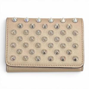 極美品★Christian Louboutin クリスチャンルブタン パール調スタッズ レザー コンパクトウォレット 三つ折り財布 ベージュ系