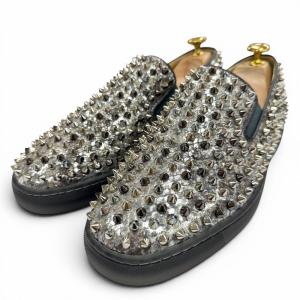 極美品▼Christian Louboutin クリスチャンルブタン ローラーボート スパイク スタッズ レザー スリッポン シルバー グレー 42 メンズ