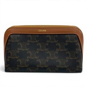 美品★CELINE セリーヌ 4M1622CZ スモール コスメティックポーチ トリオンフキャンバス カーフスキン タン 化粧ポーチ ゴールド金具 伊製