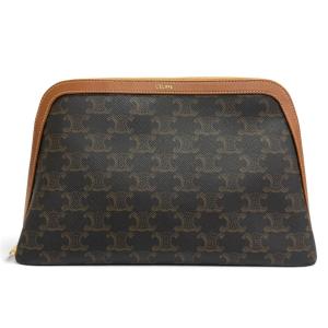 良品△CELINE セリーヌ 4M1642CZJ.04LU ラージ コスメティックポーチ トリオンフキャンバス カーフスキン 現行品 化粧ポーチ タン 伊製