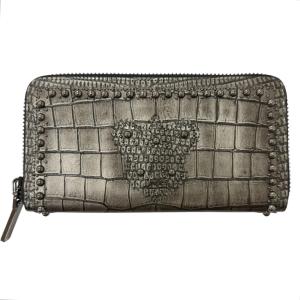 極美品□Christian Louboutin クリスチャンルブタン Panettone パネトーネ レザー ラウンドスタッズ クロコ型押 長財布 チャコール 伊製