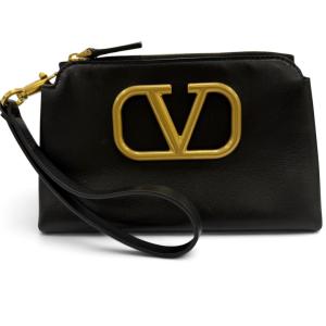 極美品☆VALENTINO ヴァレンティノ XW2P0X38ZXL Vロゴ レザー ZIP UP 化粧ポーチ ブラック ゴールド金具 イタリア製 レディース