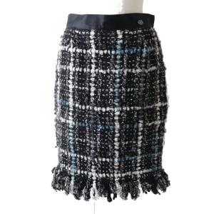 美品◎フランス製 CHANEL シャネル P39596 レディース ツイード風 ニットスカート ココマークプレート付き ブラック×ライトブルー 40