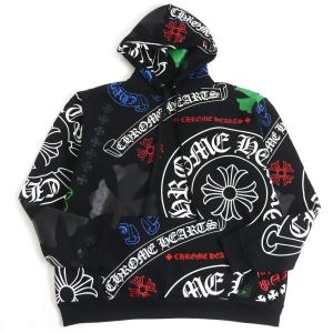 極美品□クロムハーツ STENCIL HOODIE ホースシュー/スクロールラベル/セメタリークロス 総柄 プルオーバーパーカー/フーディー 黒 L USA製｜brand-td-store