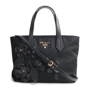 （美品）プラダ PRADA テスート×サフィアーノ ナイロン レザー 花柄 フラワーモチーフ 2WAY ハンドバッグ 斜め掛け ブラック 黒 レディース 1BA084