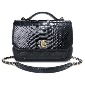 （美品）シャネル CHANEL ビジネスアフィニティ スモール チェーン マトラッセ ショルダー ハンドバッグ キャビアスキン パイソン エキゾチックレザー 黒 A93607｜brandbrand