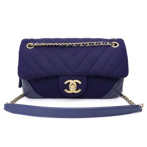 （未使用保管品）シャネル CHANEL Vステッチ シェブロン Ｗチェーン 2way ショルダー ハンドバッグ 斜め掛け コットンジャージ 紺 アンティークゴールド金具
