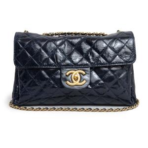 （美品）シャネル CHANEL ココマーク マトラッセ Wチェーン ショルダーバッグ コーティングレザー ネイビー 紺 アンティークゴールド金具