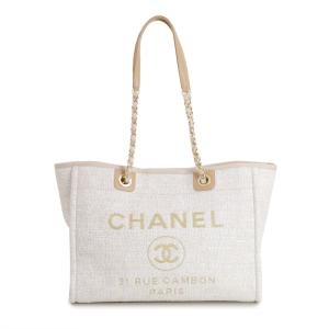 （未使用　展示品）シャネル CHANEL ドーヴィル ミディアム MM チェーン トートバッグ コットンキャンバス レザー ホワイト ベージュ ゴールド 白 A67001