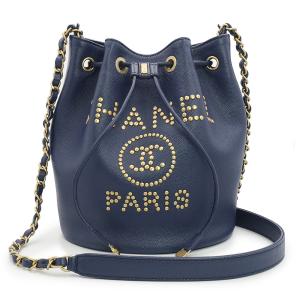 （未使用　展示品）シャネル CHANEL ドーヴィル チェーン ショルダーバッグ 巾着 ポーチ キャビアスキン レザー ネイビー 紺 アンティークゴールド金具 AS1045