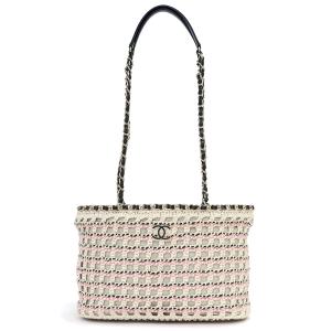（未使用　展示品）シャネル CHANEL スモール ショッピング トート クロッシェ チェーン ショルダーバッグ 斜め掛け コットン レザー ホワイト ピンク AS5235