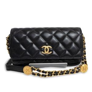 （美品）シャネル CHANEL マトラッセ ミニフラップ チェーン ショルダーバッグ ソフトキャビアスキン レザー ブラック アンティークゴールド金具