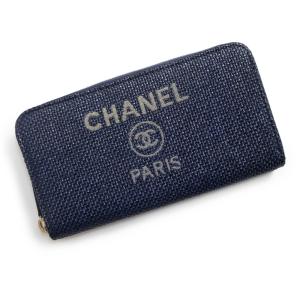 （未使用保管品）CHANEL シャネル A81977 ドーヴィル ライン ジップウォレット ラウンドファスナー キャンバス レザー ネイビー 長財布 ゴールド金具