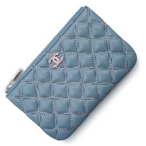（未使用　展示品）CHANEL シャネル AP0190 マトラッセ ダブルステッチ クラシック ラムスキン ブルー ピンク ミニ ポーチ コインケース 小銭入れ 財布 レザー