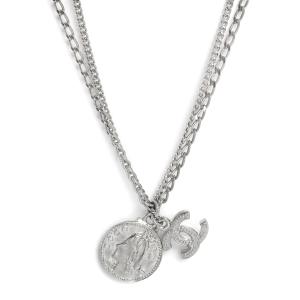 （美品）CHANEL シャネル ココマーク マドモアゼル メダル シルバー ダブルチェーン ペンダント ネックレス 箱付