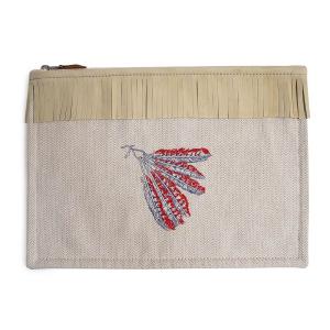 （未使用　展示品）HERMES エルメス トゥルース フラット ティピ フリンジ 刺繍 コットン100％ キャンバス ベージュ ポーチ シルバー金具