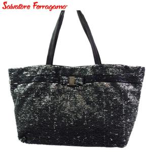 フェラガモ FERRAGAMO スパンコール ナイロントートバッグ 黒 シルバー