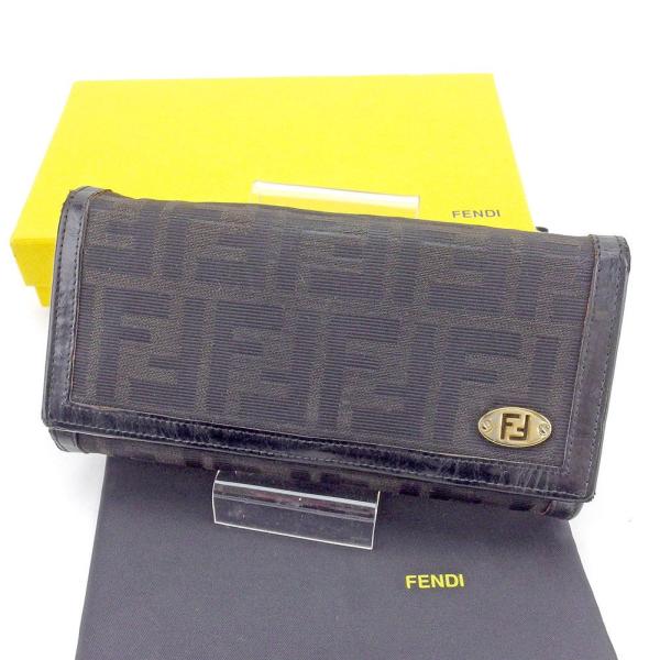 フェンディ 長財布 財布 L字ファスナー 三つ折り レディース  ズッカ ブラック×ゴールド 中古