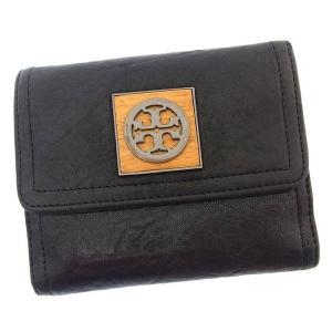 トリバーチ Wホック財布 二つ折り レディース ロゴプレート ブラック×ナチュラル 中古