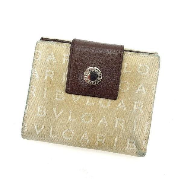 ブルガリ Wホック財布 二つ折り財布 レディース ロゴマニア ベージュ×ブラウン×シルバー 中古
