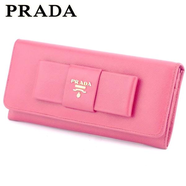【初売りSALE★30%OFFクーポン】プラダ PRADA 長財布 リボン ピンク ゴールド レディ...