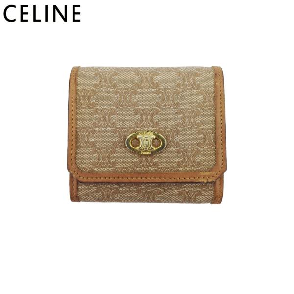 セリーヌ CELINE コインケース マカダム ベージュ ブラウン ゴールド レディース 中古