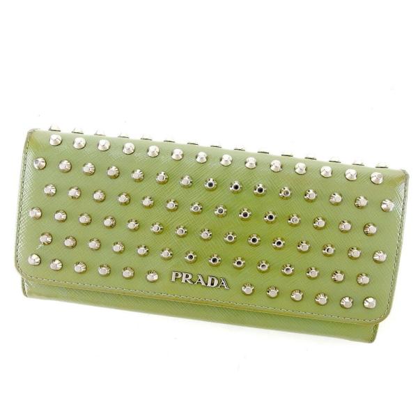 【初売りSALE★30%OFFクーポン】プラダ PRADA 長財布 スタッズ グリーン シルバー ブ...