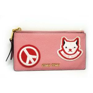 ミュウミュウ コインケース 在庫一掃売り切りセール カードケース 小銭入れ レザー マドラス ネコ 猫 ピースマーク Miumiu ピンク