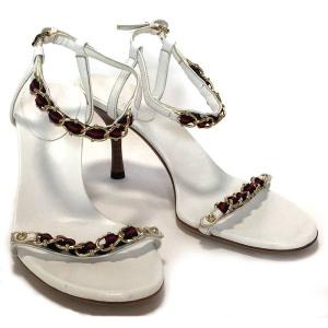 新品同様 グッチ サンダル 35 22cm シェリー ホワイト 白 レディース 靴 ヒール 出荷 Gucci レザー チェーン ミュール