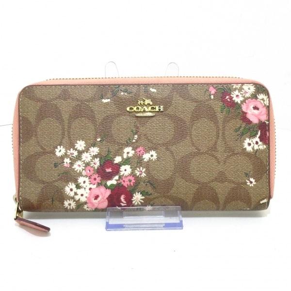 コーチ COACH 長財布 - カーキ×ピンク×マルチ シグネチャー柄/花柄 レザー 新着 2024...