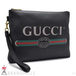 グッチ クラッチバッグ カーフスキン ブラック ロゴプリント ストラップ付 セカンドバッグ 572770 GUCCI 美品｜brandhills