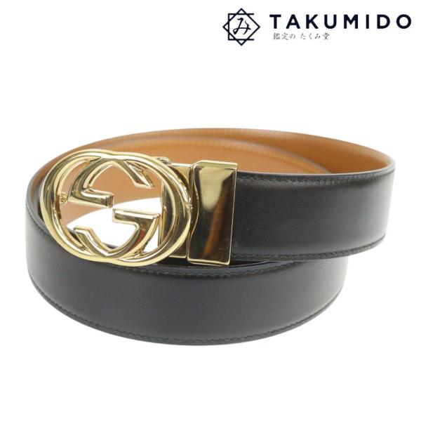 グッチ GUCCI ベルト インターロッキングG 80/32 ブラック ゴールド金具 レザー 中古A...