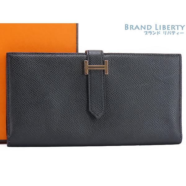 レア美品 エルメス HERMES ベアンスフレ 二つ折り長財布 マチ有り ブラック ローズゴールド ...