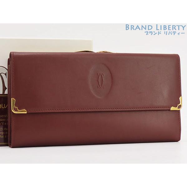 美品 カルティエ Cartier マストドゥカルティエ 三つ折り長財布 がま口財布 ボルドー L30...