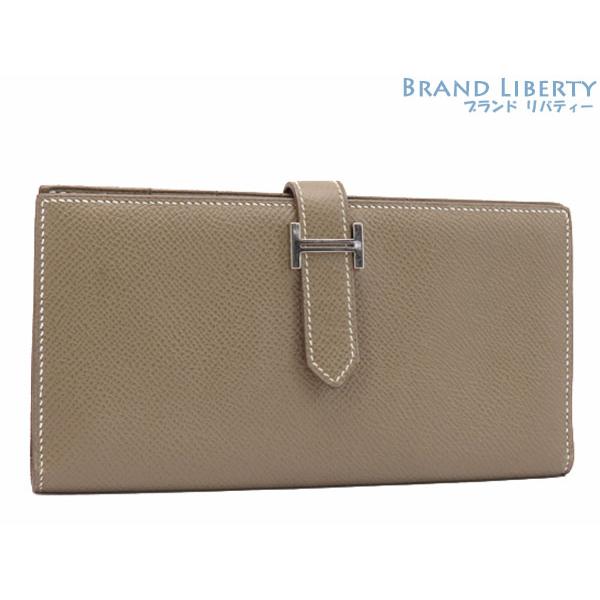 美品 エルメス HERMES ベアンスフレ 二つ折り長財布 マチ有り エトゥープ ベージュ シルバー...