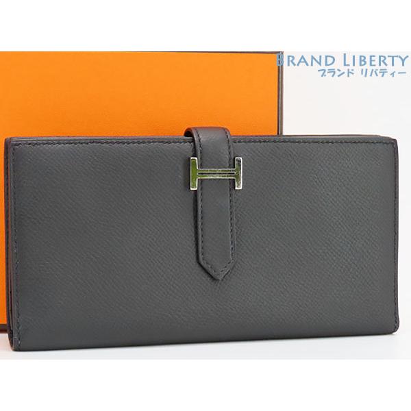 美品 エルメス HERMES ベアンスフレ 二つ折り長財布 マチ有り ブラック シルバー金具 ヴォー...