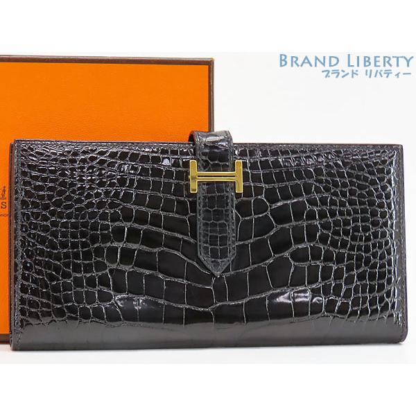 ほぼ新品 エルメス HERMES ベアンスフレ アリゲーターシャイニー 二つ折り長財布 クロコダイル...