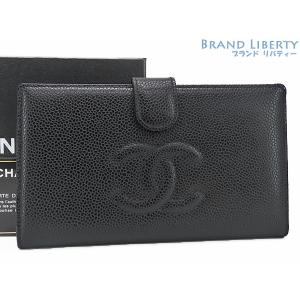 外超美品 シャネル CHANEL ヴィンテージ ココマーク キャビアスキン 二つ折り長財布 がま口財布 ブラック A13498